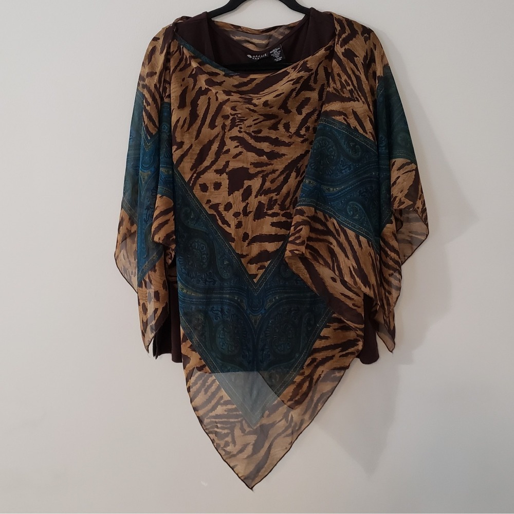 Maggie Barnes Womens Flowy Poncho Top 2X Sheer Scarf Overlay Animal Print Fall
